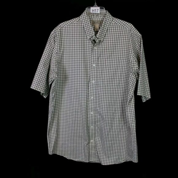 DULUTH TRADING WHITE ARMY GREEN CHECK SS BUTTON FRONT POCKET LT MENS SHIRTARMP - Picture 1 of 6